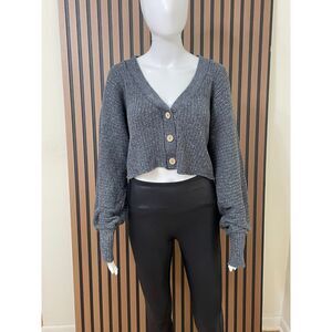 Free People Beach Women's M Gray Sweater Cotton Cardigan Cropped Dolman Sleeve